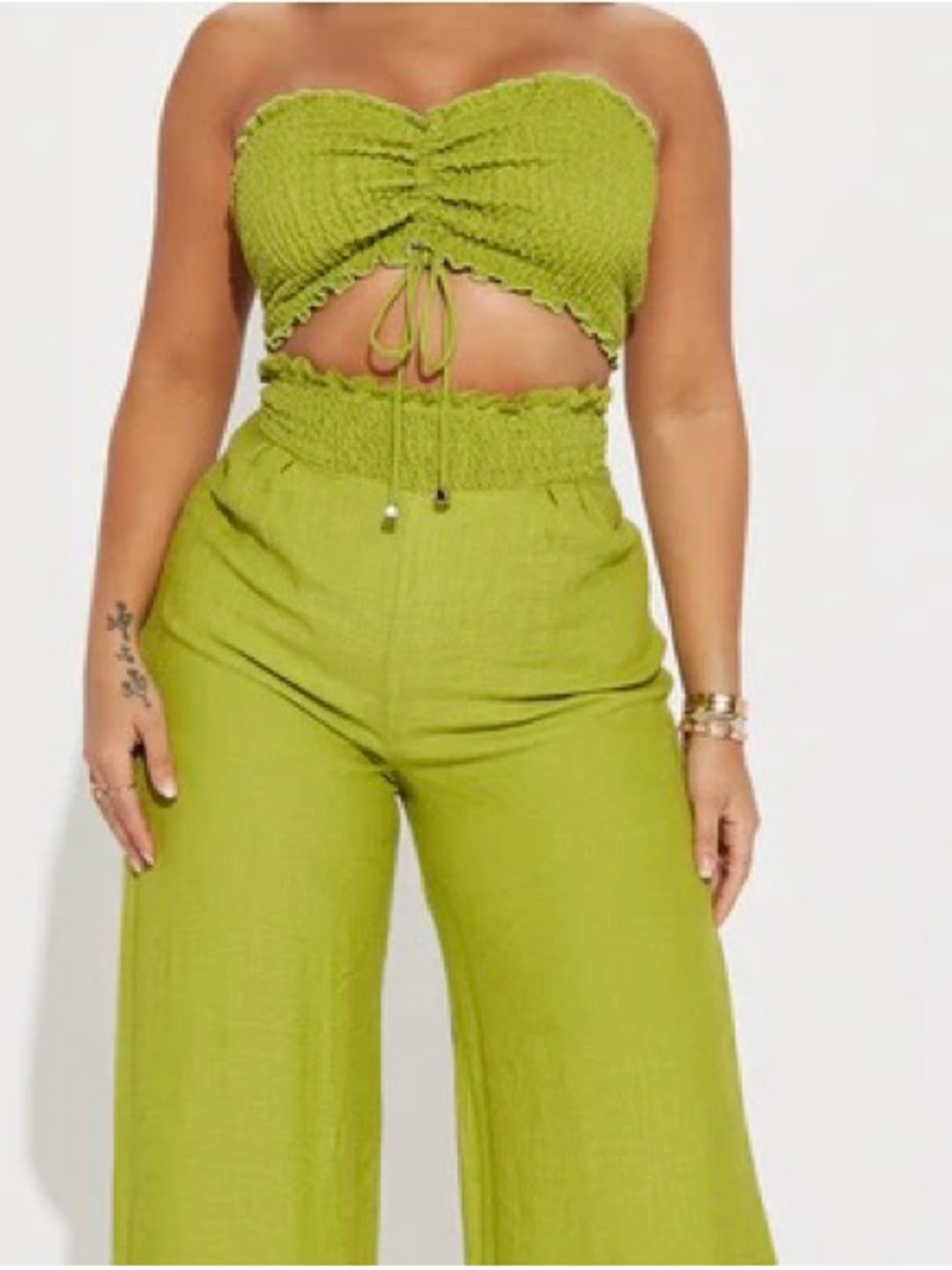 Fashion Nova Vacation Time Chartreuse Wide Leg Pant Set